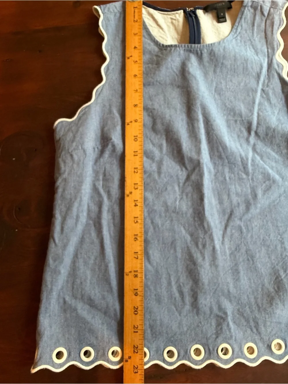 J. Crew Chambray Sleeveless Top with White Scalloped Trim and Grommets size 8